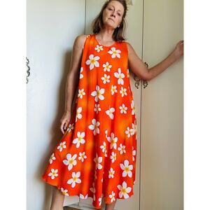 Womens Hawaiian Mumu Tank dress Size OSFM Orange Floral Print Midi Flowy